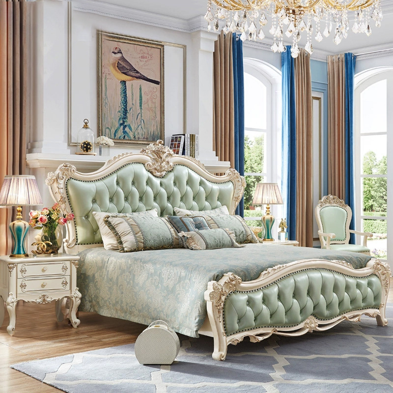 European-Style Genuine Leather Solid Wood Double Bed with Carved Patterns 1.68m 2m Large Bed American-Style Bedroom Princess Bed Wedding Qdf