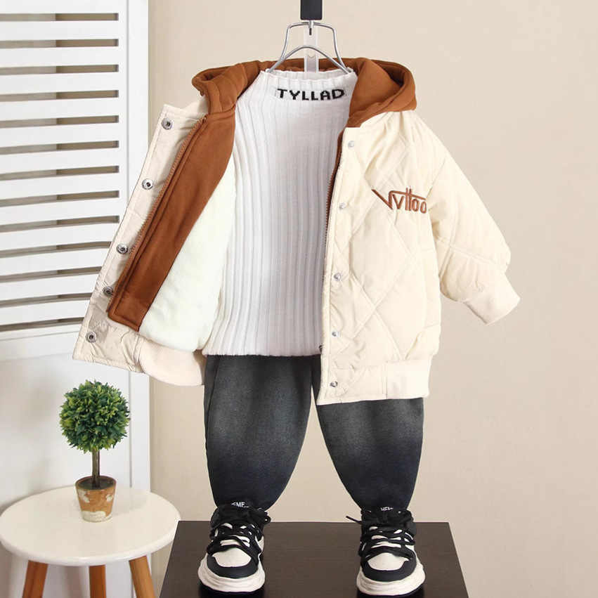 6572 Chaqueta de algodón para niños Chaqueta de algodón de dos piezas falsa para niños Otoño e invierno 2025 Nuevos niños Ropa gruesa de estilo coreano