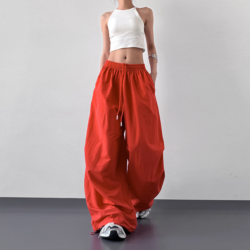 Super Stylish Hot Girl Orange-Red Cargo Pants for Women, 2026 Spring Pleated Casual Slimming Wide-Leg American-Style Loose Pants