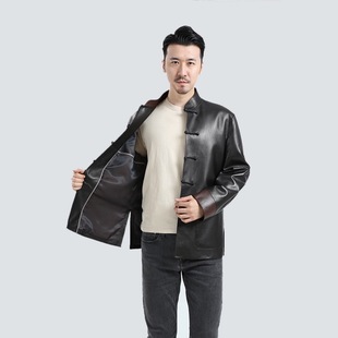 Middle-aged and Elderly Genuine Leather Jacket Men's Sheepskin Tang Coat Leather Jacket Chinese Style Top Chinese Style Casual Collar Leather Jacket