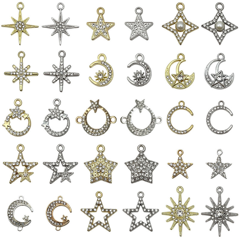 30 Types of Four-Pointed Star, Moon, Five-Pointed Star, Rhinestone, Double-Hole Connector Alloy Jewelry Accessories DIY Necklace Pendants