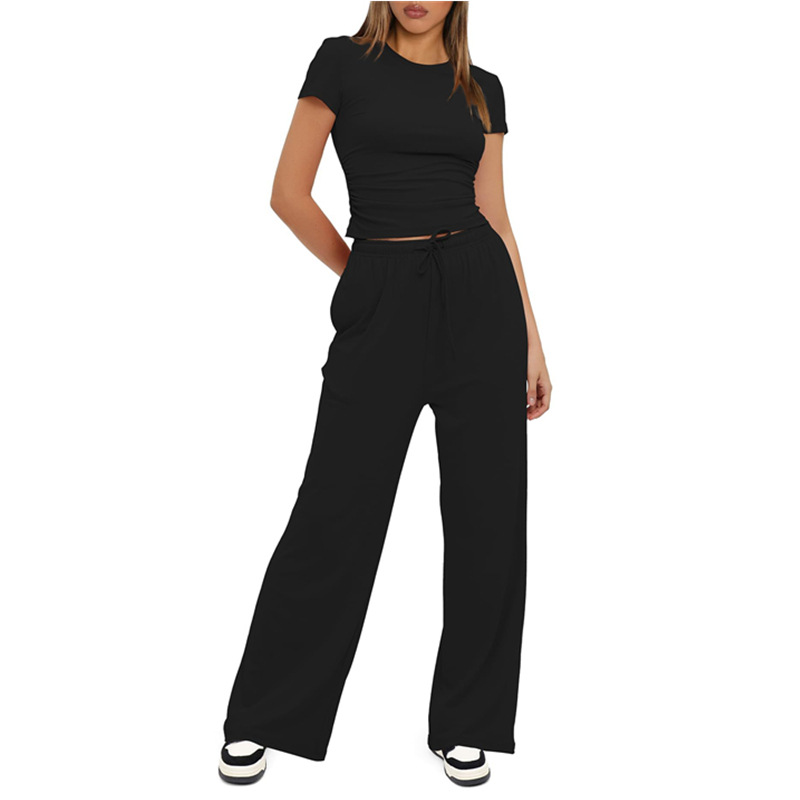 European American Foreign Trade Women's 2-piece Casual Set: Ruffled Short-sleeve Top And High-waisted Wide-leg_ecoleips.com