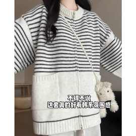 版型太赞了，巨显高挑！！韩系慵懒风条纹针织毛衣女款氛围感外套