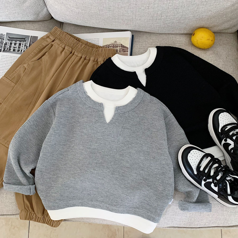 Boys' Fake Two-Piece Sweatshirt 2025 Autum New Kidsren's Waffle Casual Gentleman Top Baby Fashion Sweatshirt