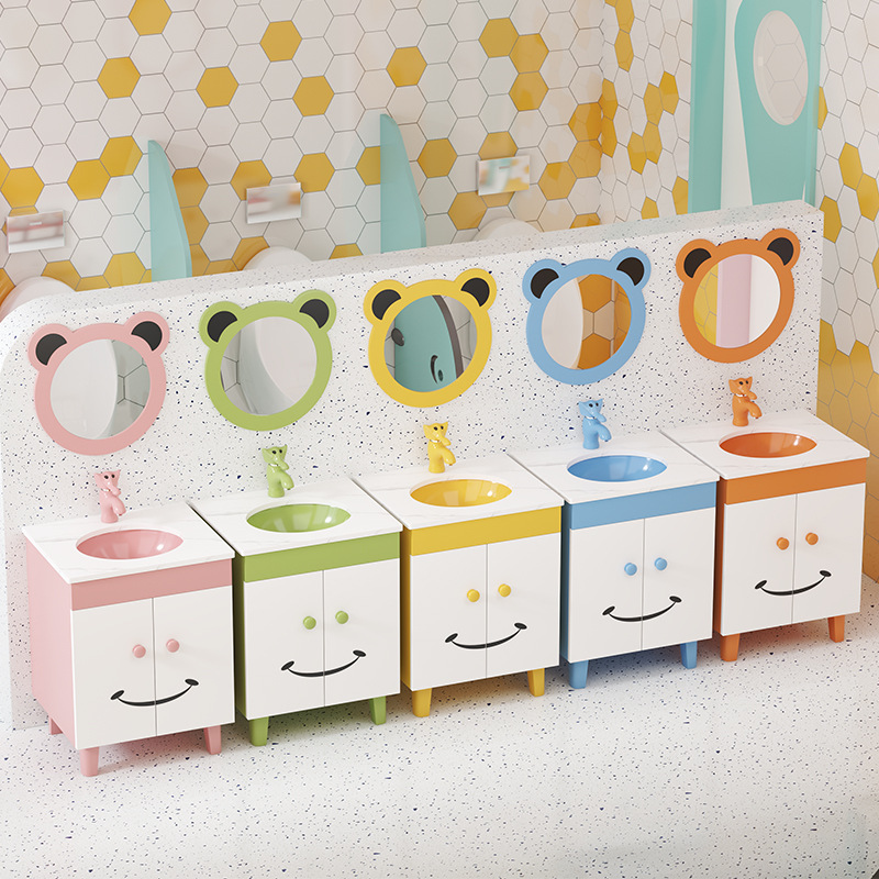Gabinete de baño infantil combinación de dibujos animados gabinete alto y bajo lavabo lavabo lavabo de cerámica de color gabinete de piso