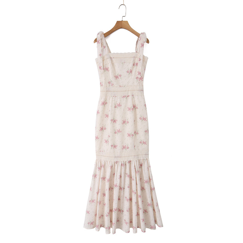 Amazon Wholesale New Summer Women's Clothing Versatile Floral Print Lace-Up Strap Maxi Mermaid Dress