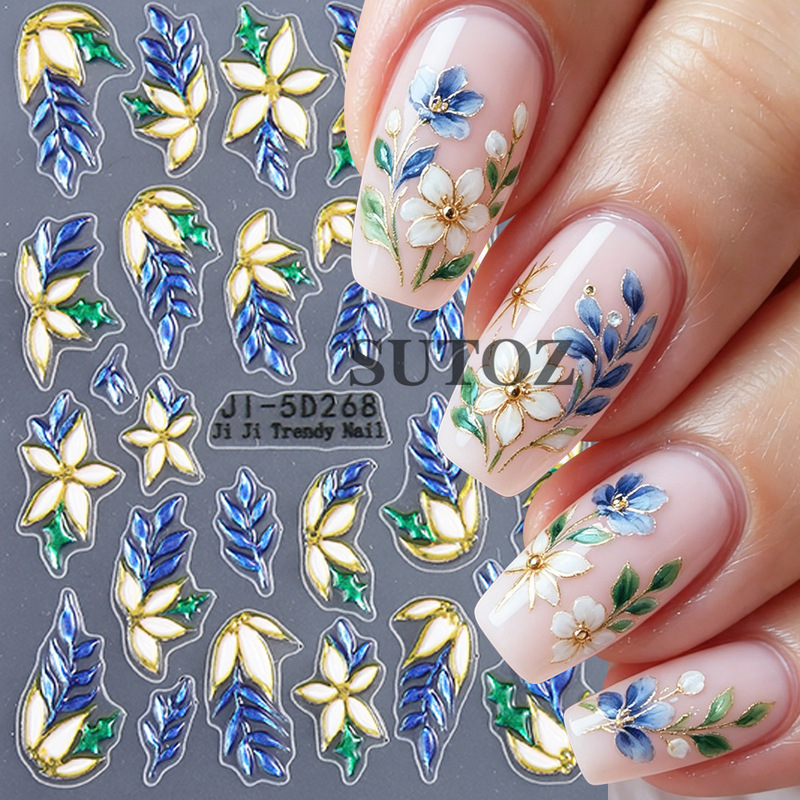 Floral and Leaf-Themed Waterproof Nail Art Stickers 5D Three-Dimensional Embossed Design Versatile Gentle Style Nails