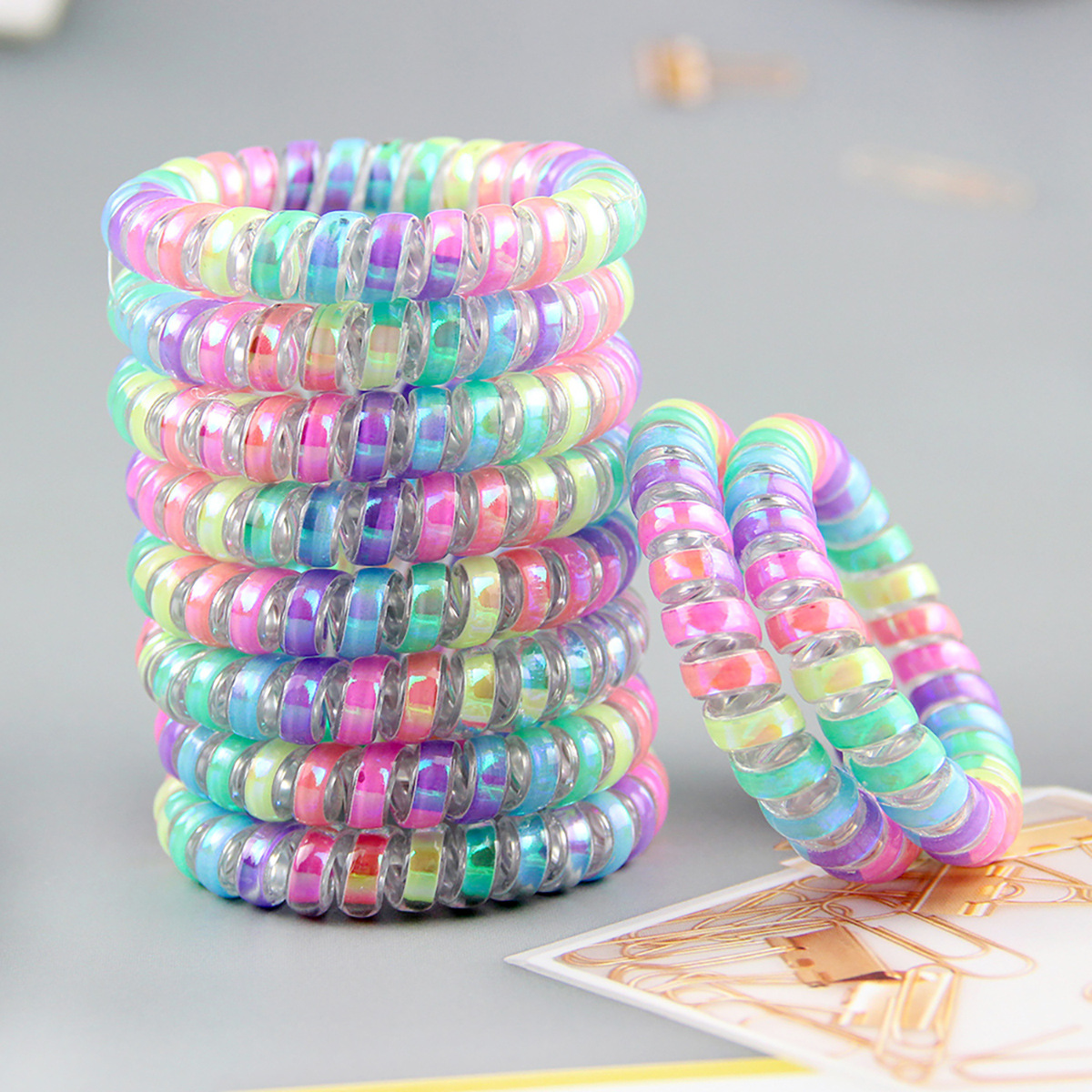 여름 새로운 무지개 색 AB 색 밝은 색 전화선 헤어 링은 팔찌 전화 링으로 사용할 수 있습니다