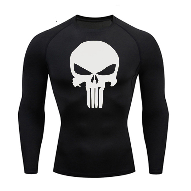 Skeleton Print Compression Shirt Men's Fitness Running T-Shirt Sports Fashion Quick-Drying Long-Sleeved Sunscreen T-Shirt