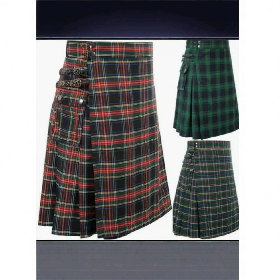 Cross-Border Foreign Trade Men's New Products on Aliexpress: Plaid Holiday Skirt Men's Clothing with Contrasting Color Pockets and Pleated Design