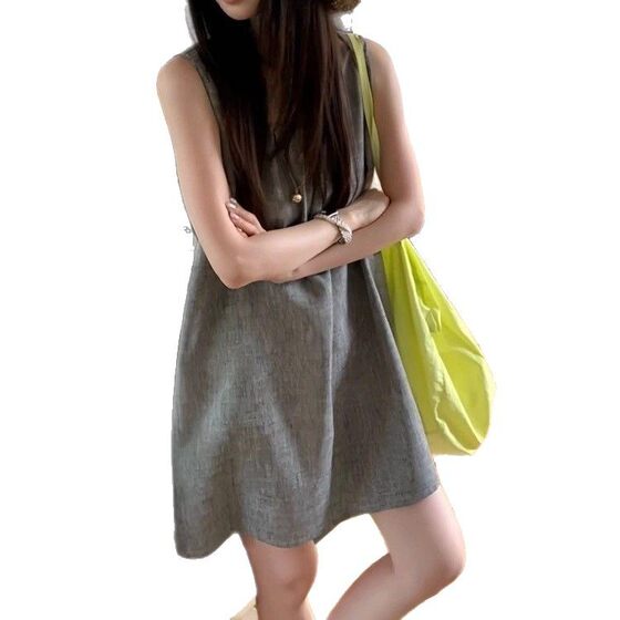 Niche Design Sense Side Button Vest dress Women's Summer Loose Casual Sleeveless A- line Short Skirt for Small People