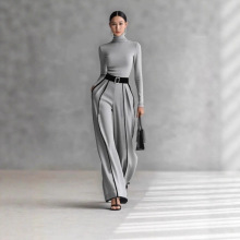 2025跨境欧美秋冬新款休闲长裤女装高领拼接色条纹高腰两件套套装