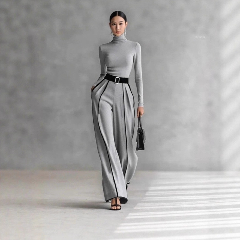 2026 Cross-Border European and American Autumn and Winter New Casual Long Pants Women's High-Neck Color-Blocked Striped High-Waisted Two-Piece Set 2026 Cross-Border European and American Autumn and Winter New Casual Long Pants Women's High-Neck Color-Blocked Striped High-Waisted Two-Piece Set