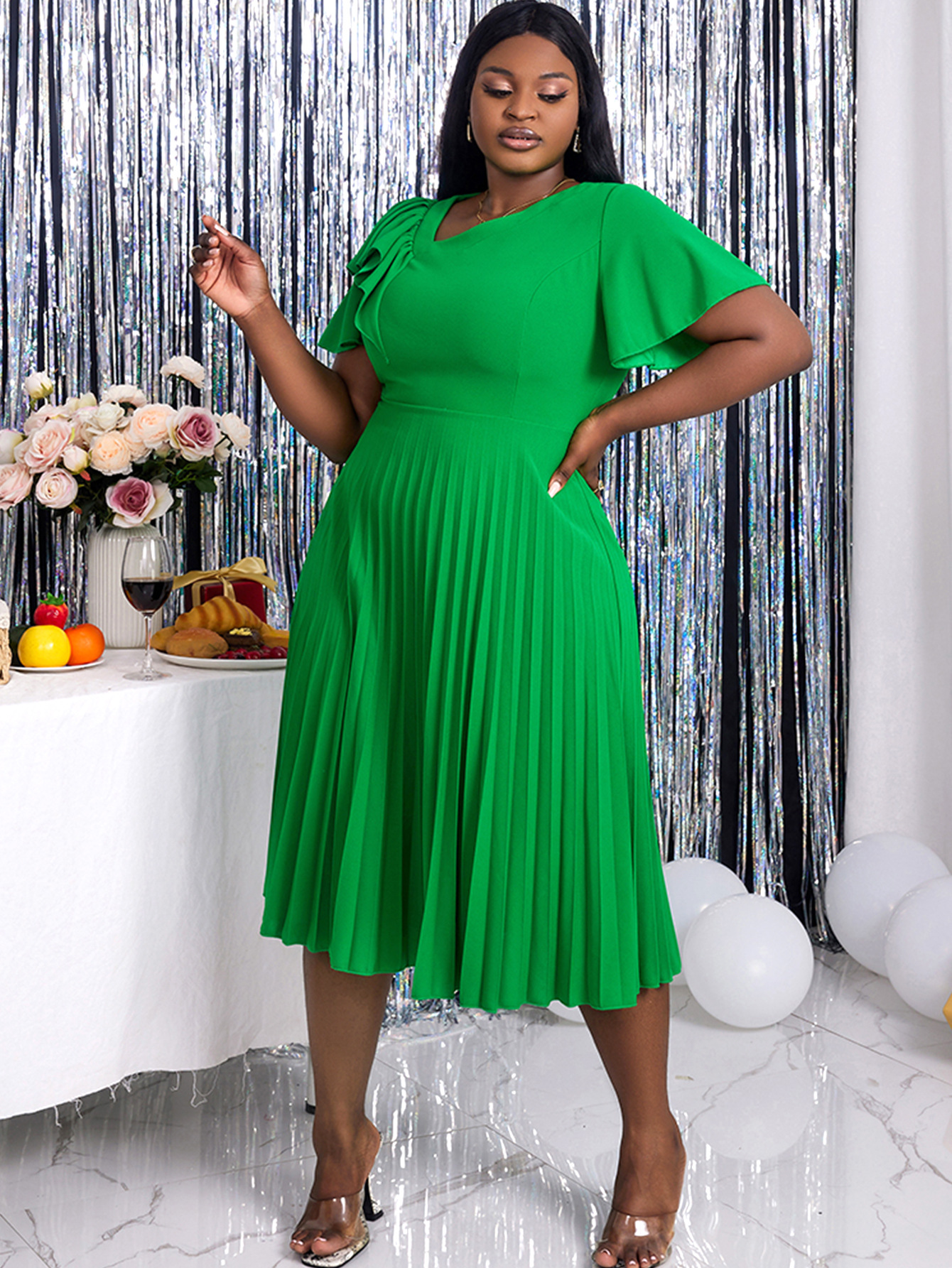 Ženska oblačila, nabrano krilo z odprtimi rameni, vsestransko, plus size_voghion.com