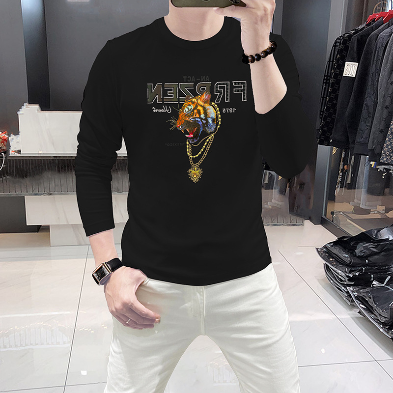 2024 Fashion Men's Spring Autumn Long Sleeve T-Shirt Tiger Head Rhinestone Men's Bottoming Shirt Round Neck Top Tees Breathable Trendy Shirt_voghion.com