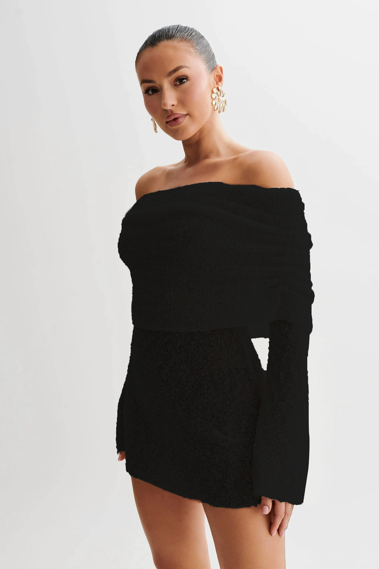 Вязаное короткое пляжное платье для женщин, открытые плечи, длин sleeves, европейский стиль, сексуальное мини