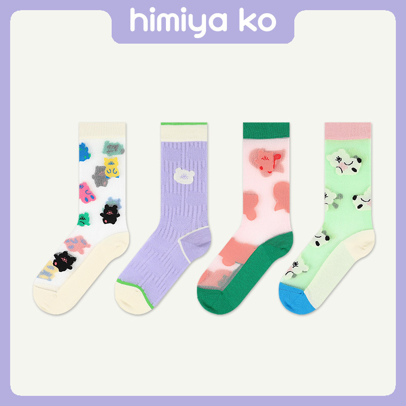 Summer Colorfulful Dopamine Socks for Female Students, Cute Cartoon Mid-Calf Flower Socks, Transparent Breathable and Deodorant Socks