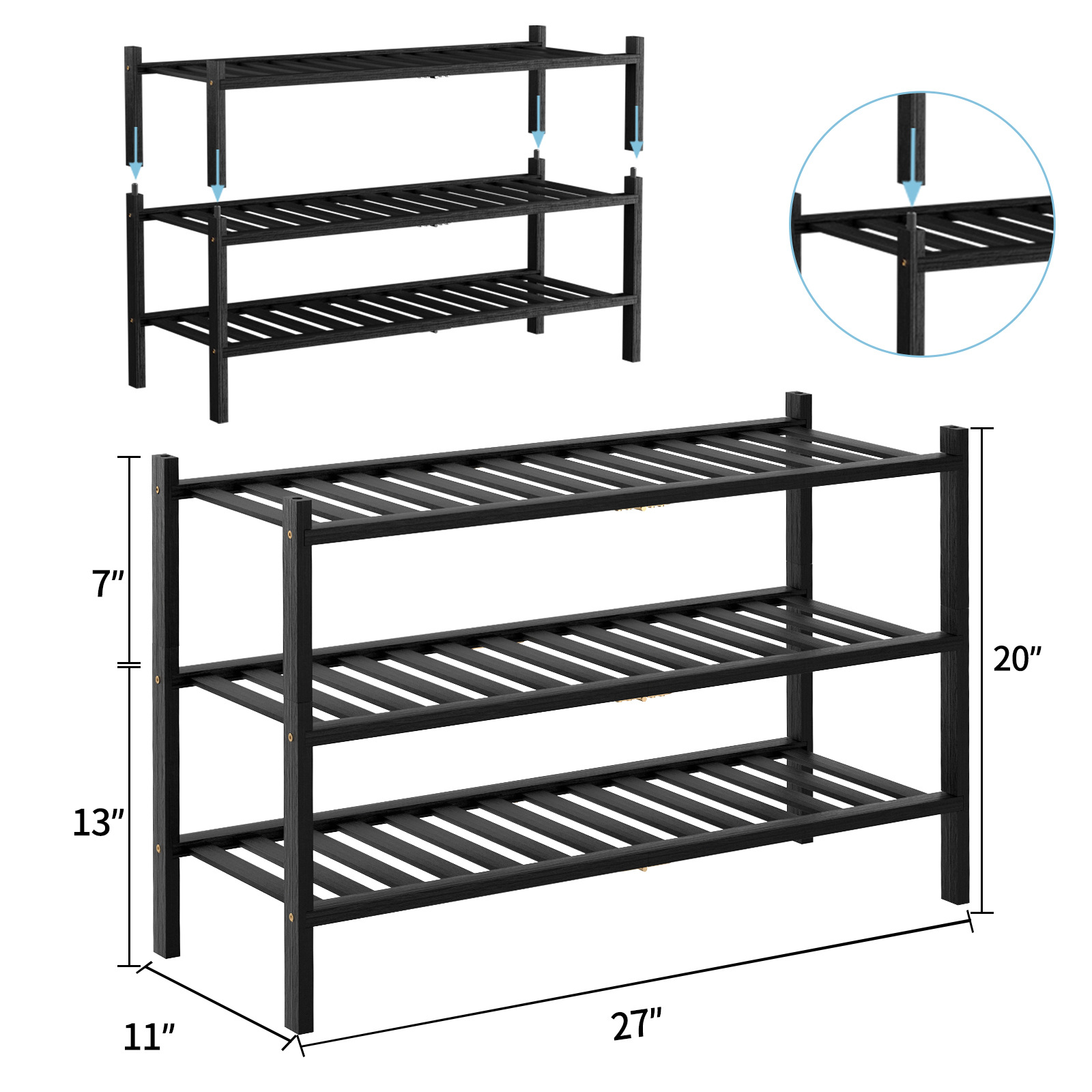 Zapatero plegable de bambú apilable, estante de almacenamiento multicapa para el hogar, ahorrador de espacio, éxito de ventas transfronterizo.