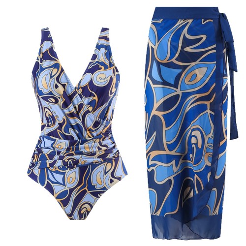 Qiao Jiayuan In Stock 2025 New Arrival European and American Style One-Piece Swimsuit for Women, Conservative Belly-Covering Chiffon Skirt Two-Piece Swimsuit Set