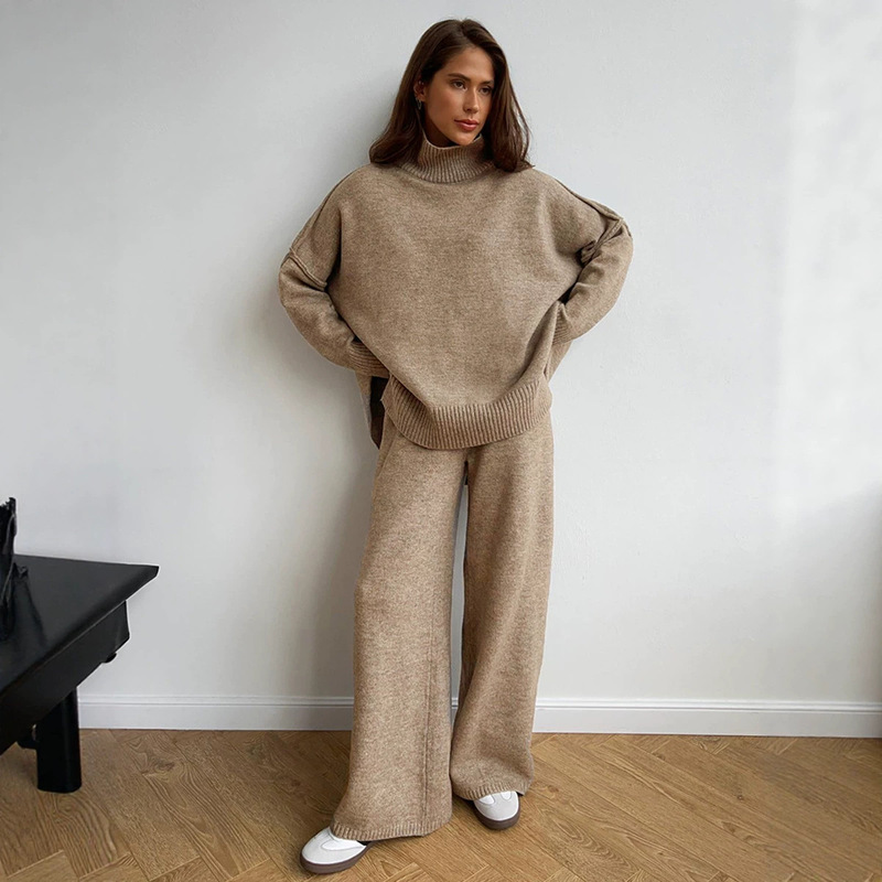 Cross-border women's turtleneck sweater, European and American style, new autumn and winter loose casual thick knitted long pants and wide-leg pants set Cross-border women's turtleneck sweater, European and American style, new autumn and winter loose casual thick knitted long pants and wide-leg pants set