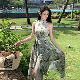 2024国风青绿 印花连衣裙露肩高级感优雅气质显瘦开叉长裙女夏季