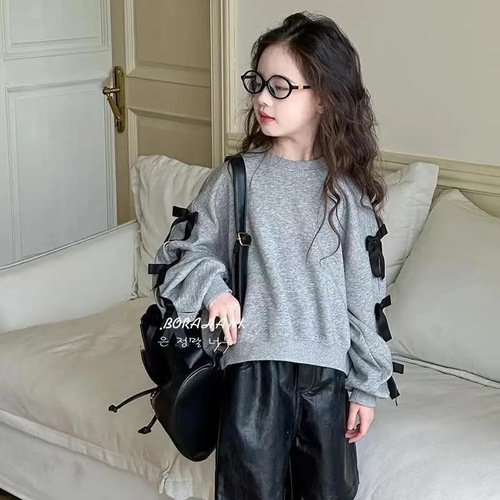 Girls' Autumn Hoodie 2025 with Bow Tie Children's Korean Version Long Sleeve Girls Middle Child Casual Top Children's Clothing