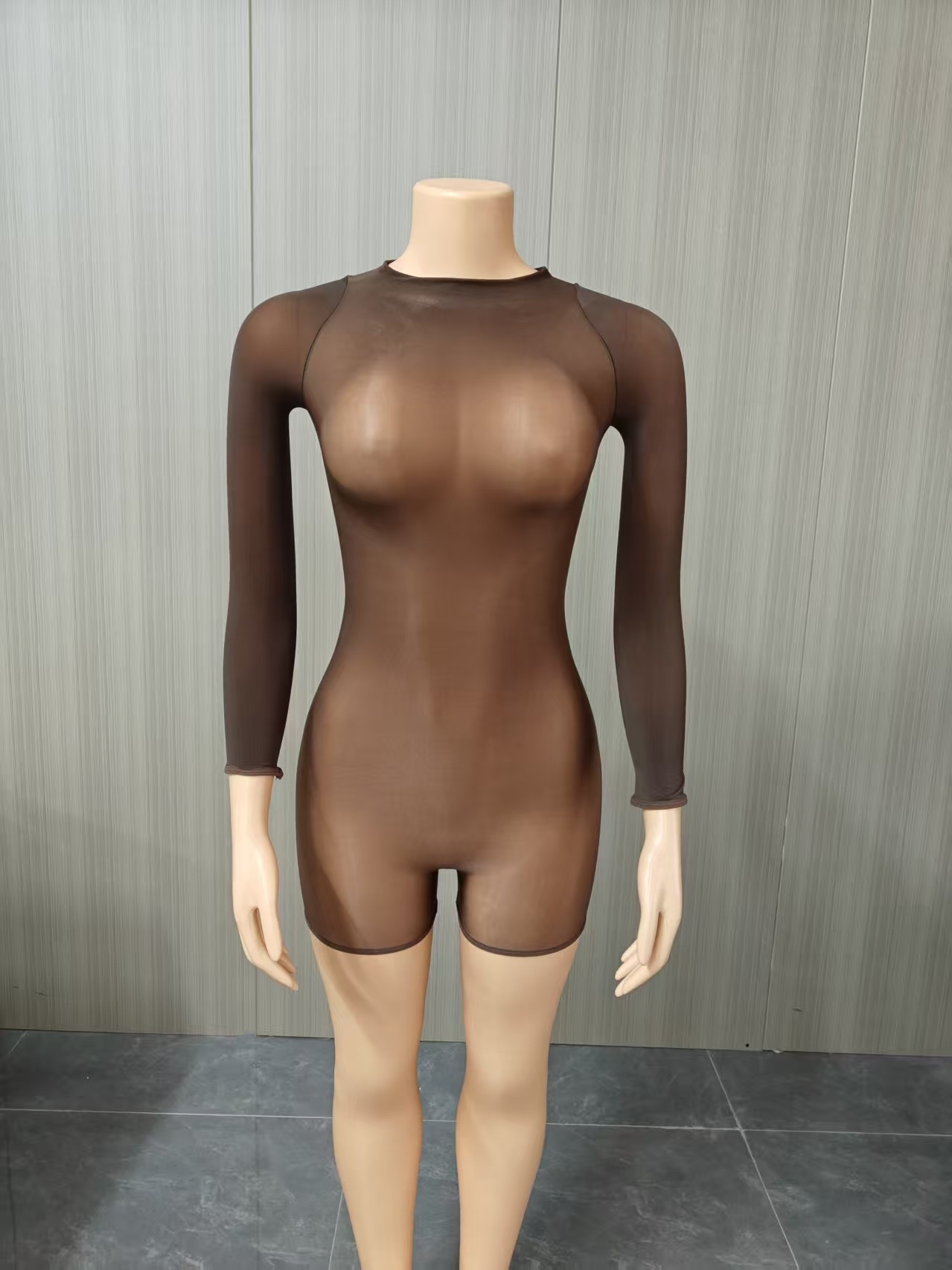 Glänzender Transparenter Bodysuit Langarm Elastischer Catsuit_voghion.com