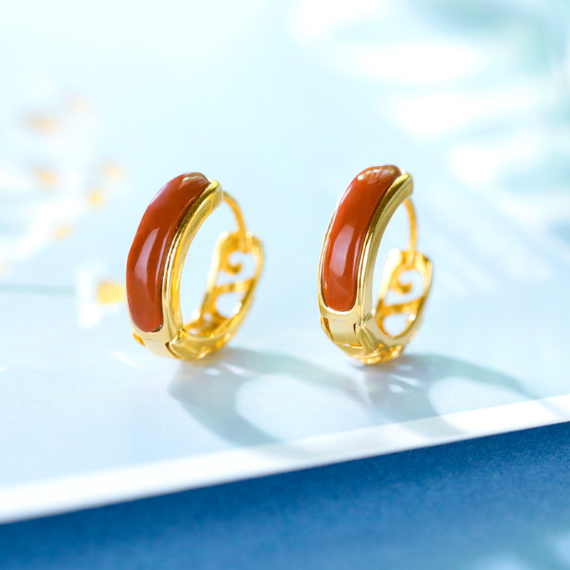 HUIBAOLI S  금도금 SOUTH RED AGATE LAPIS LAPIS LAULI ARC HOLLOW TOTEM VINTAGE 여성용 귀 버클 귀걸이