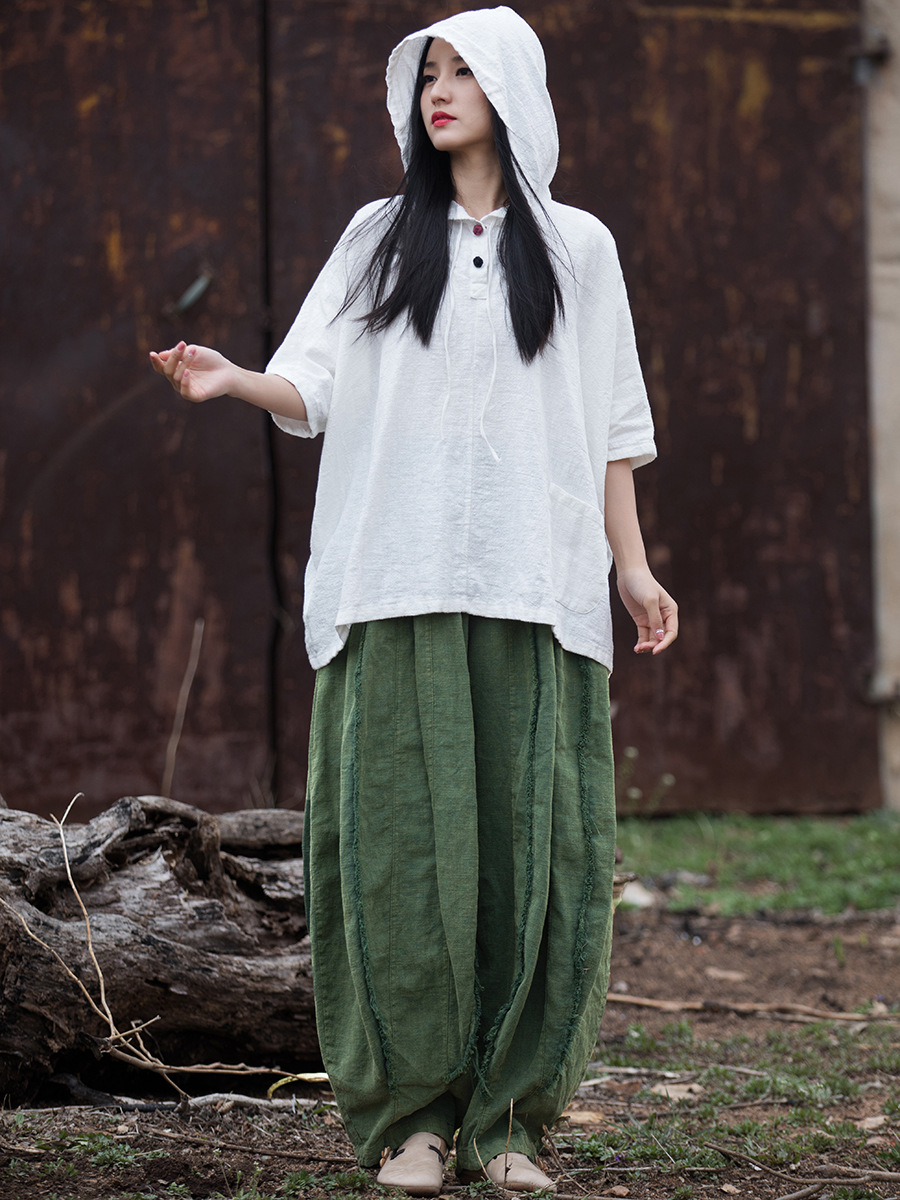 25秋冬綿麻婦人服新作念百秀紡麻綿砂洗いボタン付きフード付き日焼け止め半袖Tシャツ