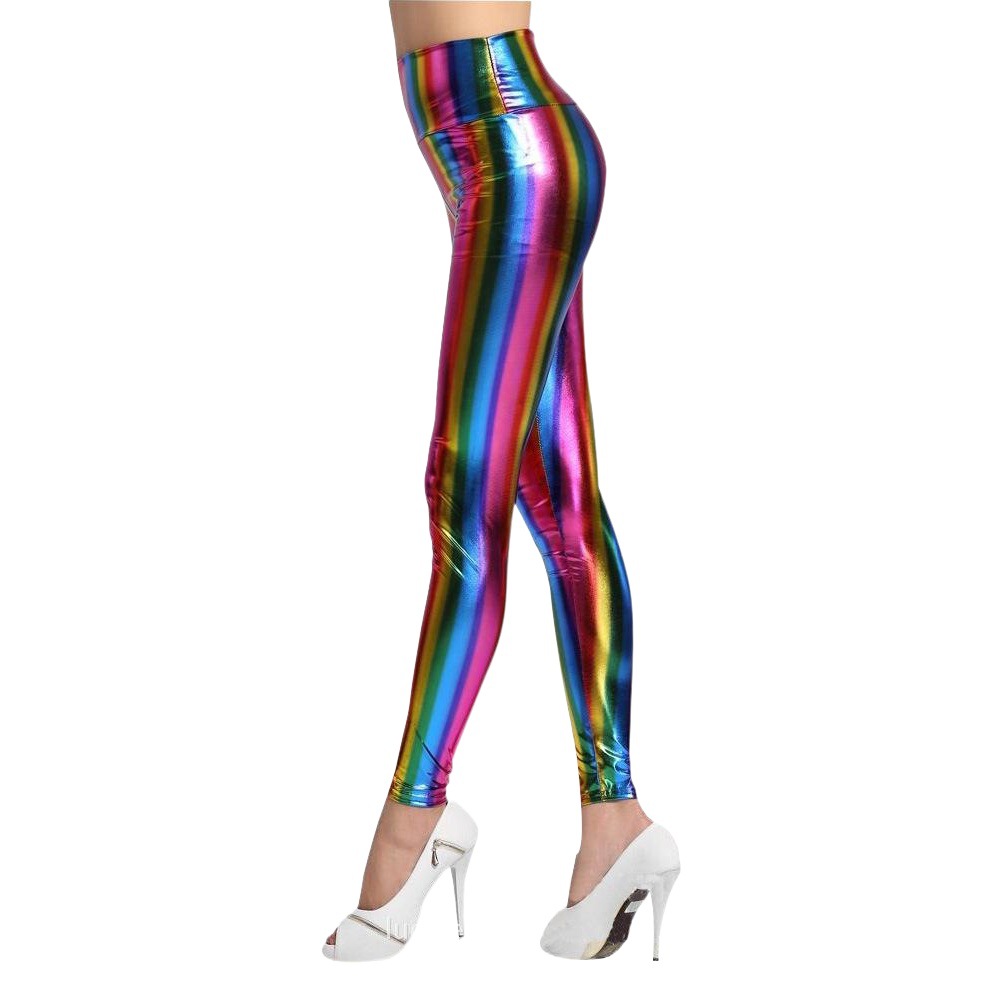 Europa y América nueva sexy de las mujeres del arco iris bronceado imitación cuero leggings rayas adelgazamiento Delgado alta cintura más tamaño Pantalones