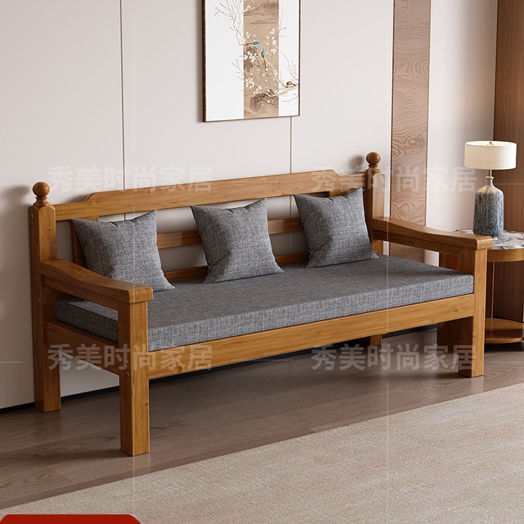 新中式全实木沙发出租屋客厅简易长椅小户型阳台家用民宿组合沙J^