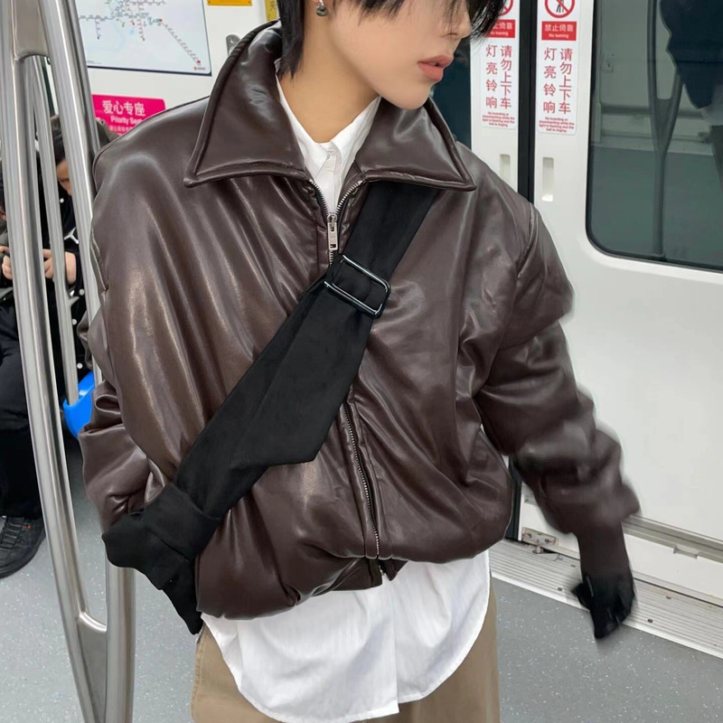 Jennie Maillard Color Vintage Padded Short Cotton Coat Coat Crop Crop Leather Aviator Jacket