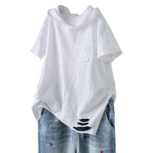 Hooded T-shirt for women's summer new loose short-sleeved artistic and broken hole casual top