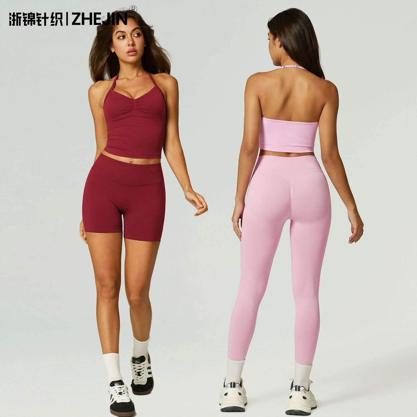 Trajes de yoga transfronterizos trajes de ejercicios colgantes cuello expuesto cintura cojín de pecho cinturón pantalones cortos pantalones de ropa interior deportiva set de yoga