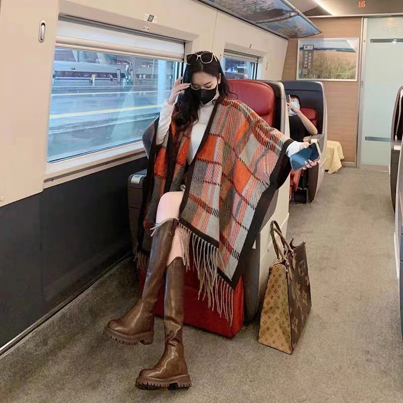 Capa de chal de lana para mujer, cárdigan de cuadros Sue combinable, capa de cuadros, abrigo de lana_voghion.com