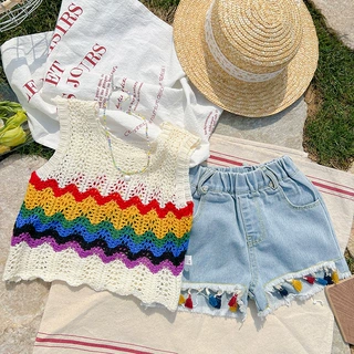 女童套装夏款2026新款夏季网红洋气背心儿童夏装时髦女孩牛仔短裤
