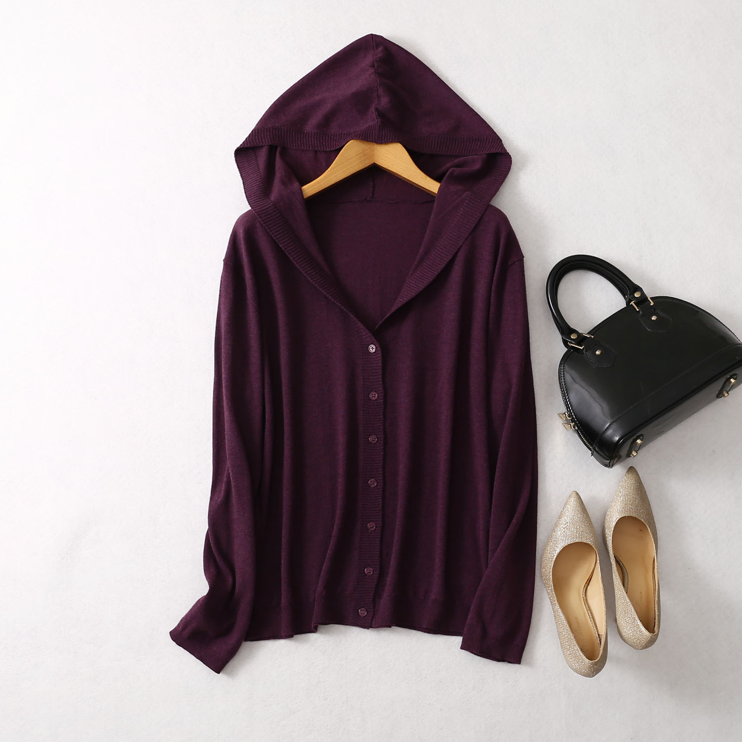 Autumn Hooded Knitted Silk and Cashmere Blend Sweater Cardigan Loose Long Sleeve Sweater Coat Women's Top