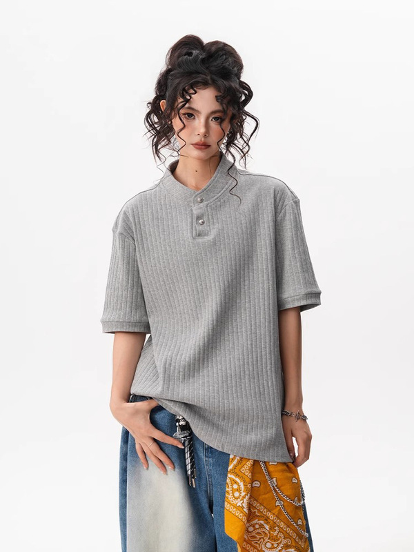 Textured Vertical Stripesd Short-Sleeved T-Shirt Summer New Loose Old Money Style Boxy Knitted Henley Collar Half-Sleeved Top