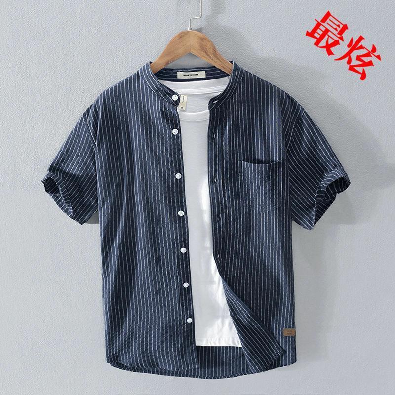 Amazon solar system stripe man Short sleeved shirt Stand collar ventilation T-shirts leisure time shirt Retro Versatile