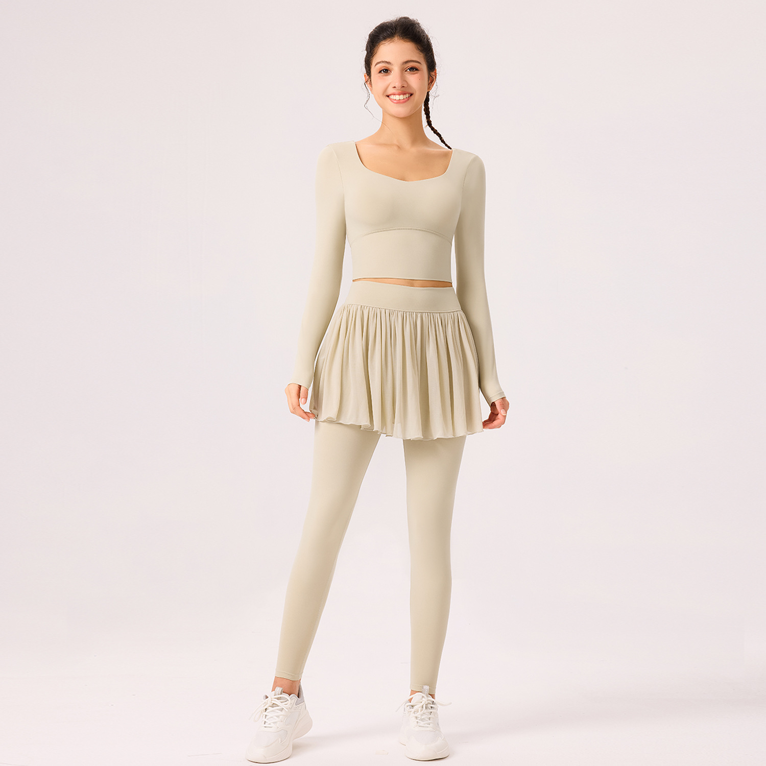 Primavera y verano de vacaciones de dos piezas deportivo de pantalones largos se pueden usar fuera gimnasio rápido secado correr camiseta de yoga hermosa espalda transpirable mangas largas