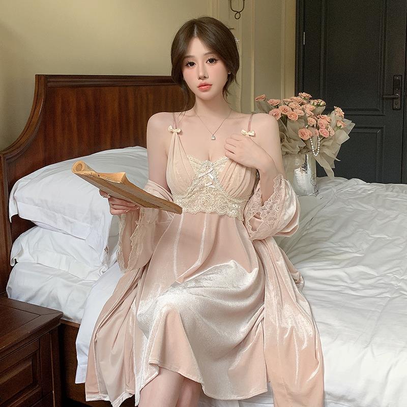 Gold Velvet Sexy Suspender Pajamas Women's Nightgown Nightgown Long-Sleeved Two-Piece Set Autumn and Winter Lace Home Clothes Winter