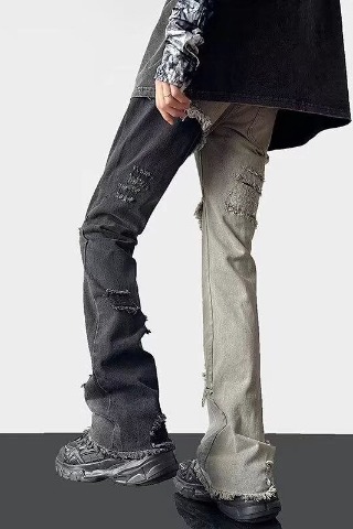 Men's Patchwork Color Block Ripped Jeans High Street Straight_voghion.com