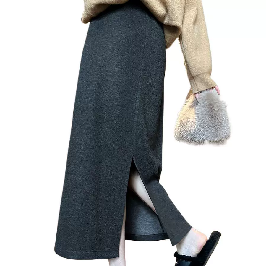 Серая шерстяная полуюбка женская осенняя и зимняя длинная юбка прямого темперамента тонкая вязаная юбка с открытой вилкой