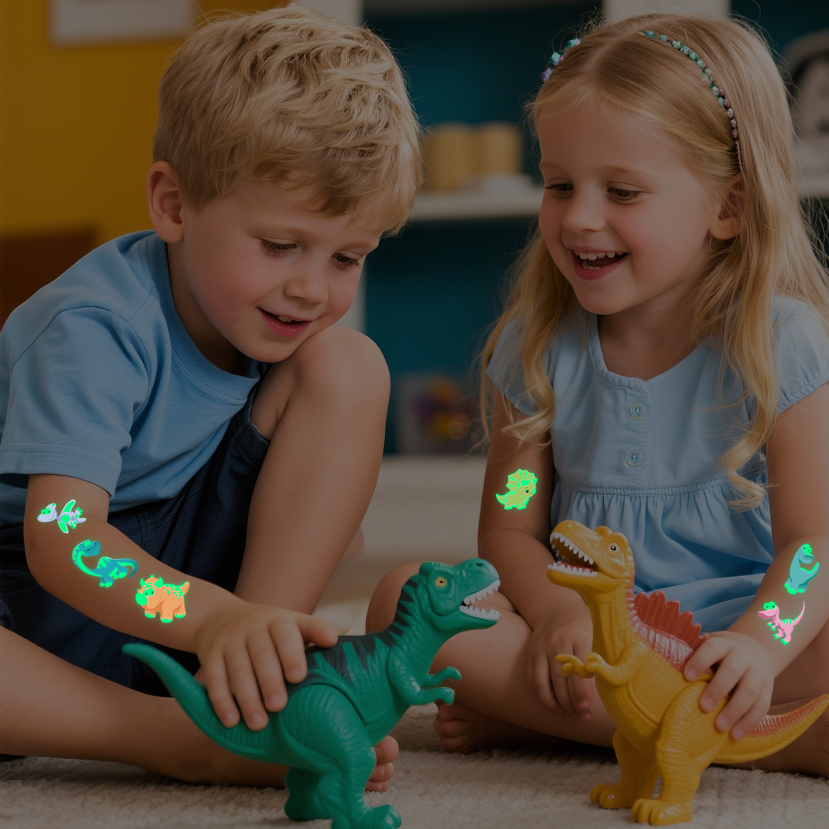 Pegatinas de tatuaje de dinosaurio luminoso Dibujos animados para niños Diversión Tyrannosaurus Rex Sudor impermeable Pegatinas de recompensa luminosas de color verde fluorescente temporal