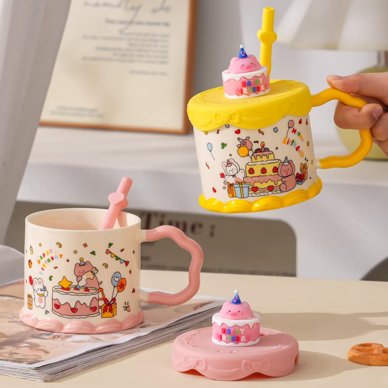Tazas de cerámica creativas con cubierta copas de café copas de agua de oficina en el hogar copas de regalo de cumpleaños niñas
