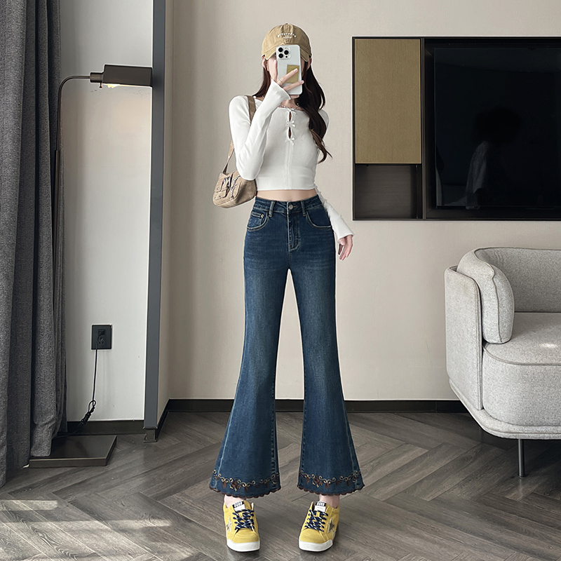 国风复古刺绣微喇牛仔裤女2025新款秋高腰喇叭裤版型超好看的裤子|undefined