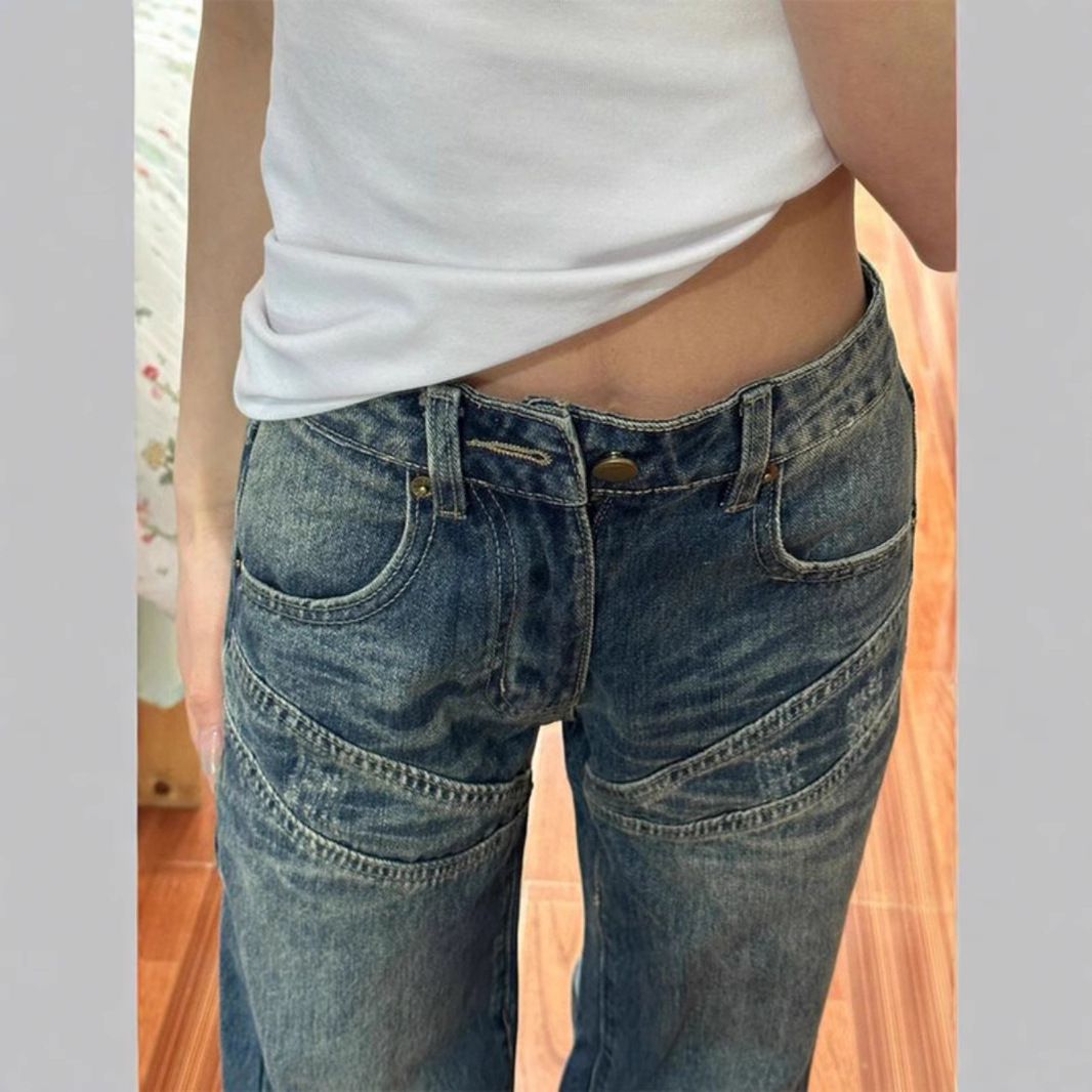 Jean rétro patchwork évasé pour femme, pantalon taille basse à jambes larges, jean décontracté polyvalent longueur sol pour le printemps et l'automne_voghion.com