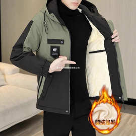 男士外套2025新款潮流男士工装连帽加绒夹克男冲锋衣冬季加厚棉衣