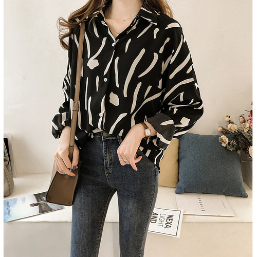 Doodle Print Shirt Women Long Sleeve Top Loose Plus Size Korean Style Blouse Basic Shirt