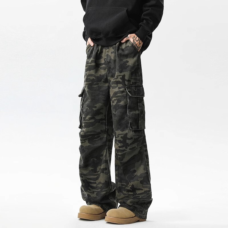 American Retro Design Large Pocket Camouflage Cargo Jeans for Men, Loose Versatile Straight Wide-Leg Stylish Pants